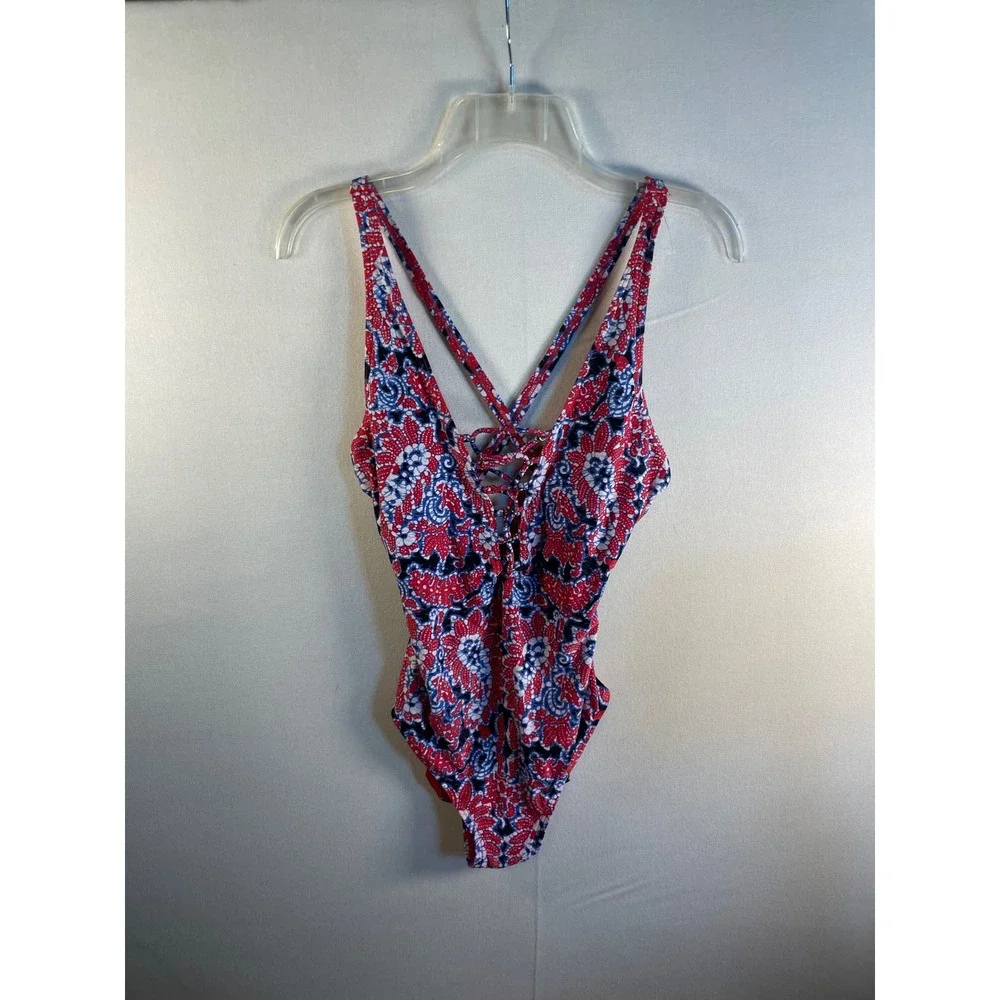 Michael Kors Red Blue‎ Paisley Lace Up One Piece Swimsuit Floral Size 10
